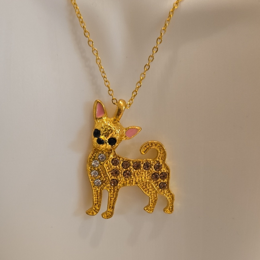 Gold Chihuahua Crystal Pendant Long Necklace. Ageless Fun  Design